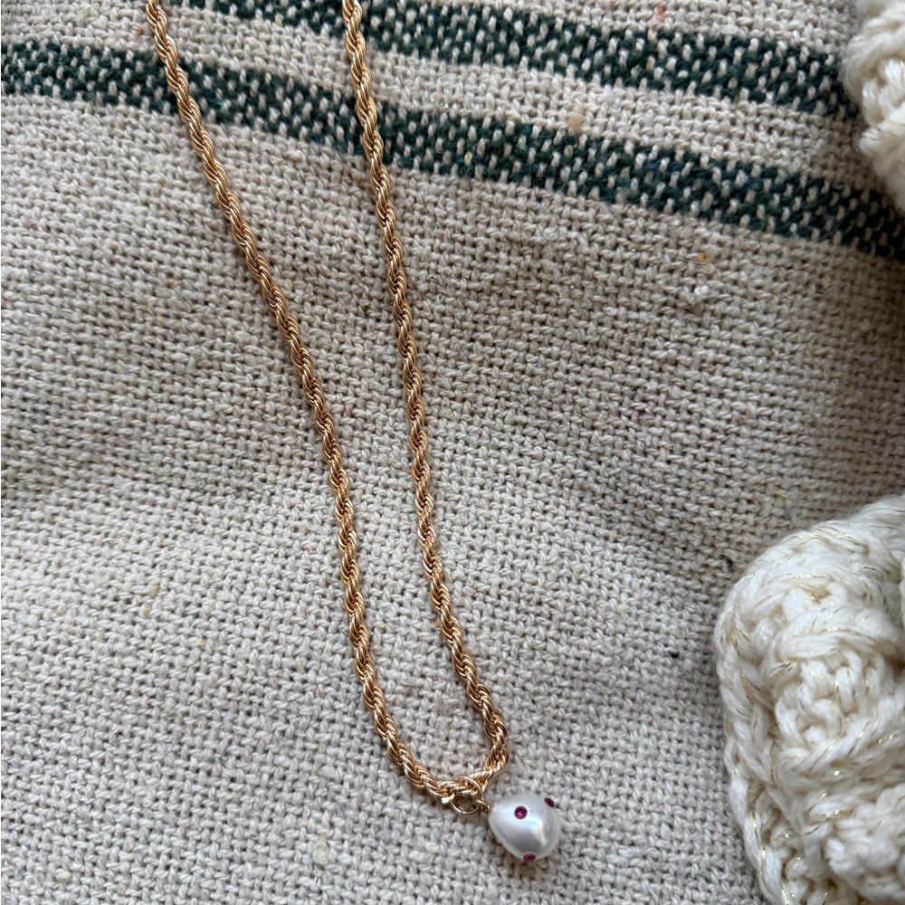 Urban Outfitters Gold Necklace with White and Red Bead